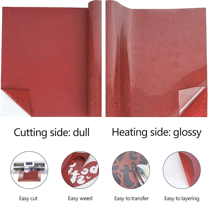 guangyintong Glitter Red Heat Transfer Vinyl HTV Rolls, 12" x 8ft Iron on Vinyl for T-Shirts Glitter Red HTV Vinyl for All Cutter Machines Easy to Cut & Weed for Heat Vinyl Design
