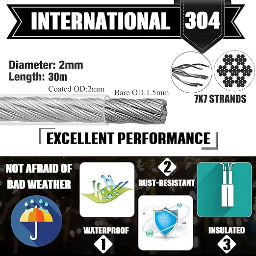 1/16 Inch Stainless Steel Cable 100FT with M5 Turnbuckle - 304 SS Wire Rope Kit for Outdoor Sun Shade, Garden, Deck (1/16" 100FT Wire Rope Kit)