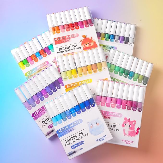 ROSYMENG 9 Color Acrylic Paint Pens,Quick-Drying Waterproof Acrylic Paint Markers, Soft Brush Tip Acrylic Markers for Canvas, Rock Painting, Wood, Stone, Glass, Ceramic, Fabric Painting, DIY Crafts