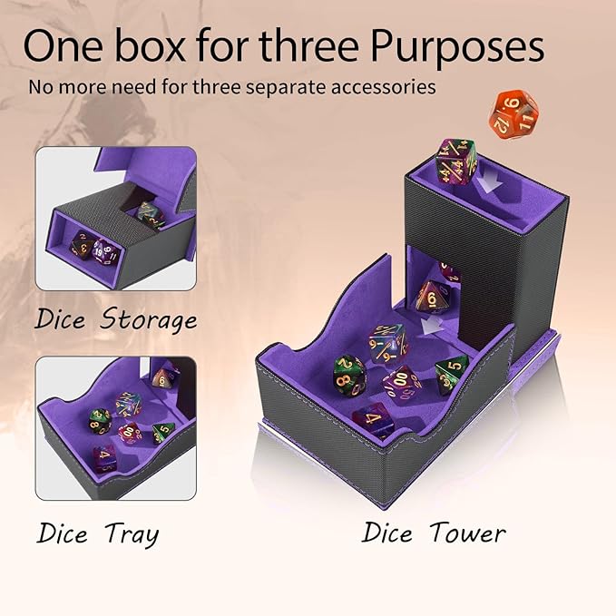 Dice Tower and Tray, Portable Commander Deck Box, Foldable Dice Storage Box for Dungeons and Dragons Rolling Tray Black/Violet