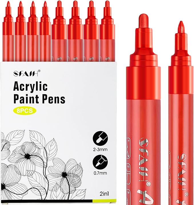 SFAIH Acrylic Red Paint Pens - 8 Pack 2-3MM Medium Tip & 0.7MM Extra Fine White Paint Marker for Rock Painting, Wood, Metal, Fabric, Canvas, Glass, Ceramic, Diy Crafts