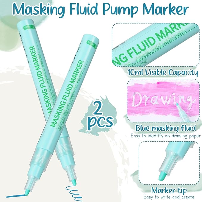 2 Pcs Masking Fluid Pen for Watercolor Painting, Capacity with Applicator Tip, Masking Fluid Marker for Various Art Projects Watercolor Ink(Green,3mm)