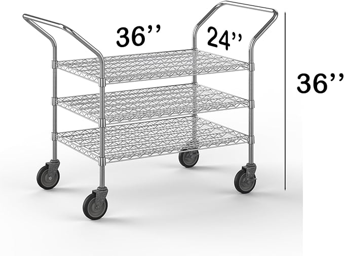 24" W x 36" L x 36" H Chrome Heavy Duty Utility Cart | 3-Tier | NSF Commercial Storage Rack Mobile Unit | Storage and Mobility Solution for Your Business