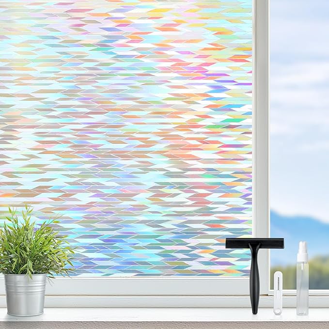 rabbitgoo Window Privacy Film with Installation Tools, Stained Glass Window Film Rainbow Prism Decorative Glass Clings for Home Decor, Static Cling Covering Sun Blocking, 17.5" x 118.1"