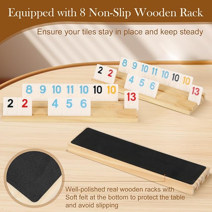 2-8 Players Rummy Game Set, 214 Melamine Tiles, 8 Wooden Racks, Drawstring Bag, Premium Portable Case, Tile Board Games for Adults, Travel, Birthday Gifts for Men Women Dad Mom