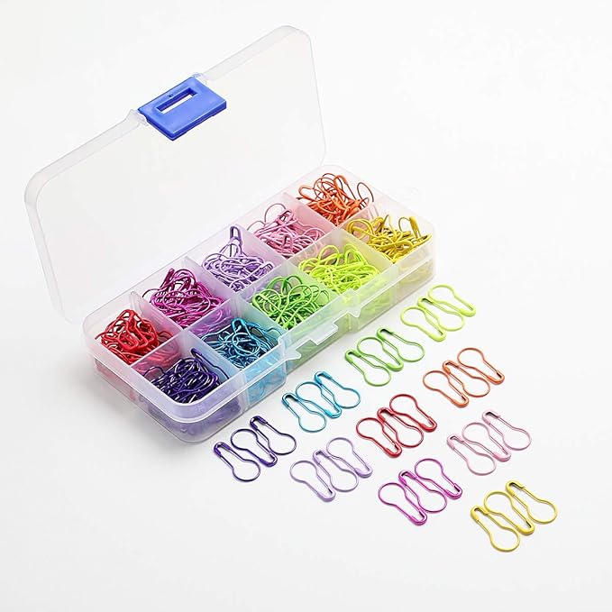 Colorful Metal Knitting Pins Stitch Markers Pear Shape Safety Pins for Sewing Clothing DIY Craft Making with Storage Box Knitting Counter Crochet Needle Clip Ring(10 colors-500pcs)