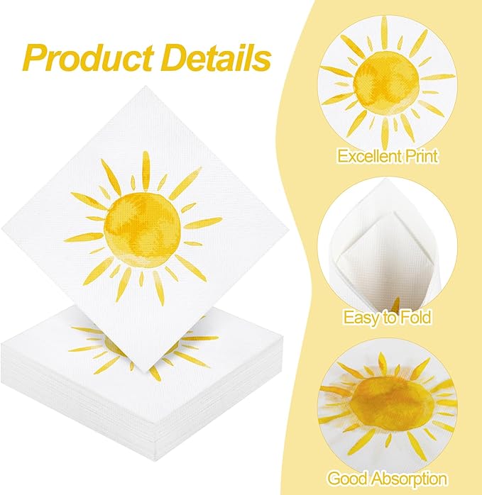 Aodaer 48 Pieces Disposable Sun Paper Napkins Sunshine Birthday Decorations Sun Party Napkins Cocktail Dinner Napkin Set 13" x 13" Unfolded Tableware Napkins for Sun Birthday Party Supplies
