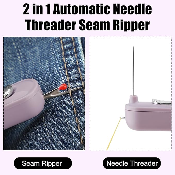 Needle Threaders, 2 in 1 Plug-in Needle Threader Seam Ripper Tool, Automatic Stretchable Seam Rippers for Sewing, Hand Quilling Supplies,Embroidery Stitch Removal (Purple/Green)