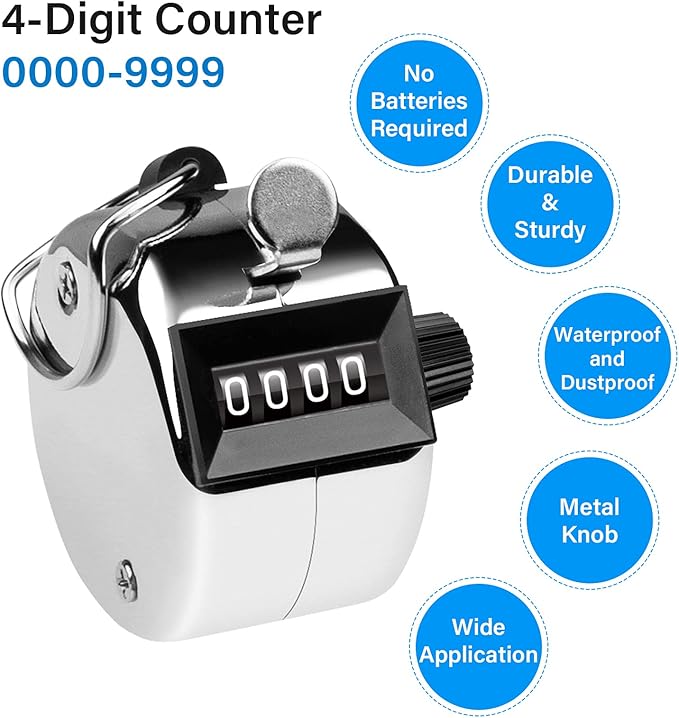 Tally Counter, 4-Digit Clicker Counter, Metal Hand Tally Counters Clicker Pitch Counter for Counting, Knitting, Coaching, Golf, Lap, Fishing