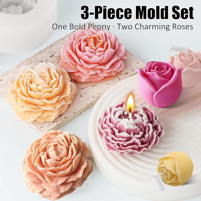 3 Pcs Peony Flower Silicone Candle Molds Set, 3D Peony and Rose Silicone Resin Soap Molds, Flower Fondant Silicone Mold for Handmade Cake Decoration Chocolate Epoxy Casting Resin Craft