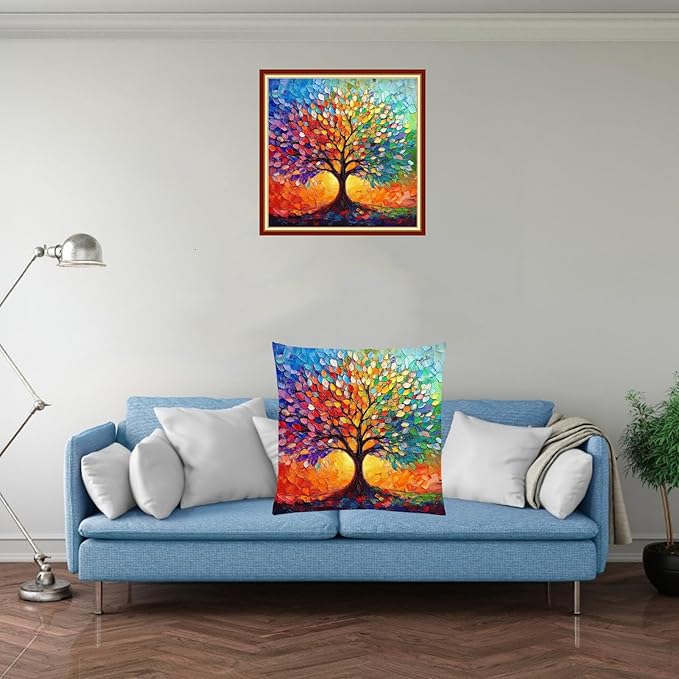 Stamped Cross Stitch Kits for Adults Beginners Pillow Needlepoint Kit with Embroidery Pattern Needlework Kit Prestamped Stitches Kit 11CT Cross Stitching-Colorful Tree 18x18 inch