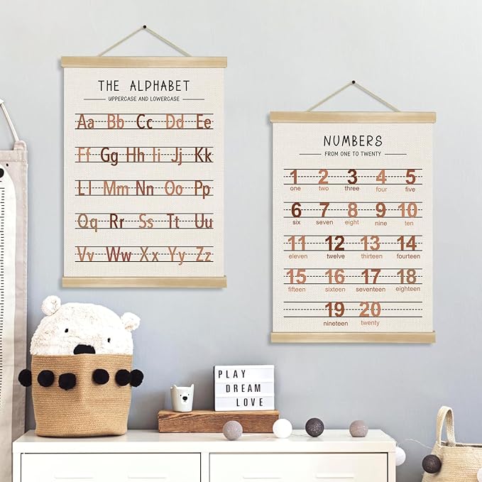 Alphabet and Numbers Wall Chart Set of 2 ,Kids Educational Posters,ABC and 1-20 Number Learning Banners for Toddlers, Preschool Classroom, Homeschool, Nursery, Playroom Decor 14 x 18.5 Inch (Brown)