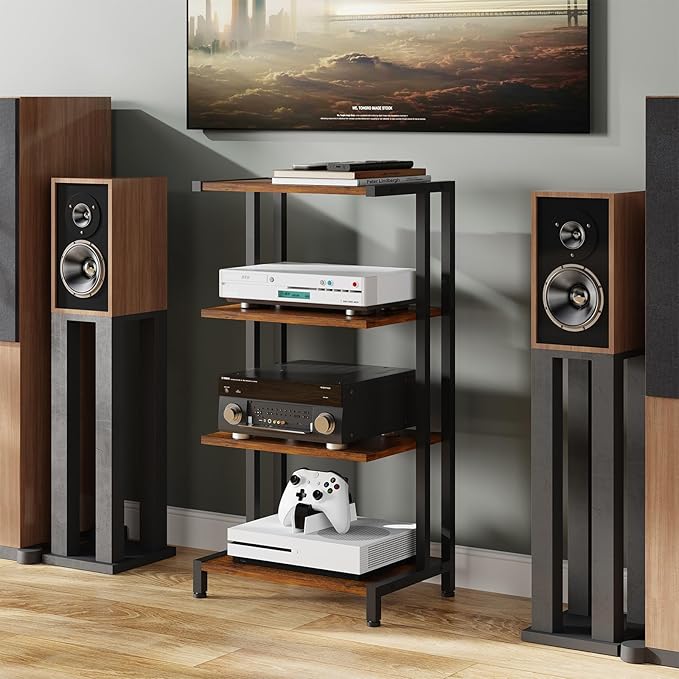 X-cosrack 4-Tier AV Media Stand Corner Shelf Wooden Corner Shelves Component Cabinet Stereo Audio Rack Stand Tower Perfect for DVD Players:Game Console:TV Box:Cable Box:WiFi Router