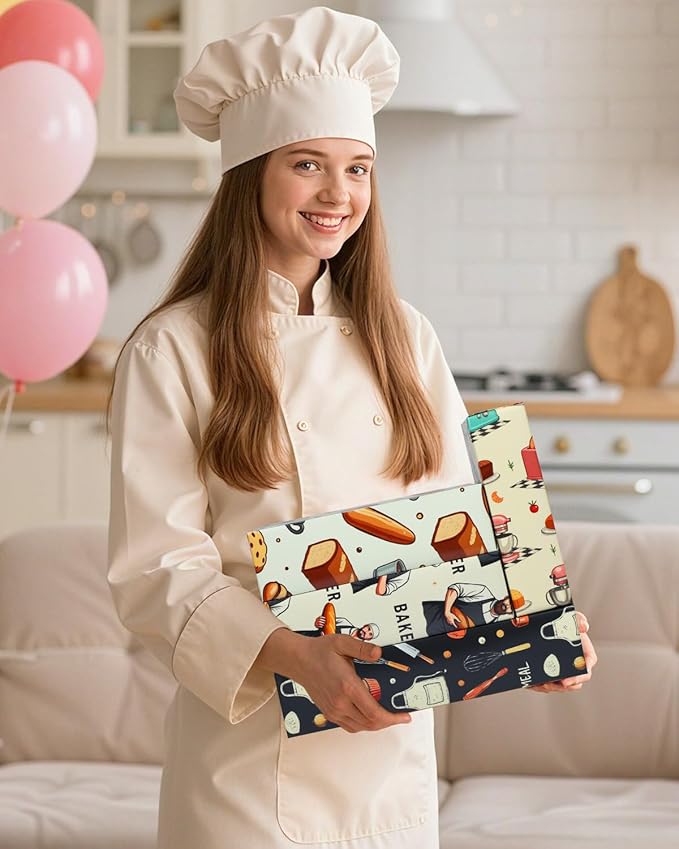 Pineraap 12 Sheets Baking Theme Wrapping Paper, Cute Baker Design Gift Wrap Paper with Croissant, Bread, Folded Flat Art Paper for Baking Lover, Baker, Birthday, DIY Crafts, 19.7 x 27.6 Inch