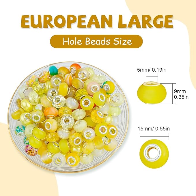 LAIDANLA Yellow Mix Large Hole Beads, 100pcs, 14mm x 5mm, Resin, Plastic, Acrylic, Round, Loose Beads for Jewelry Making, Bracelet, Necklace, Decoration