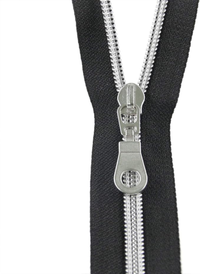 Leekayer #5 Silver Metallic Nylon Coil Zippers by The Yard Bulk 10 Yards Black Tape with 25pcs Silver Sliders for DIY Sewing Tailor Craft Bag(Black)