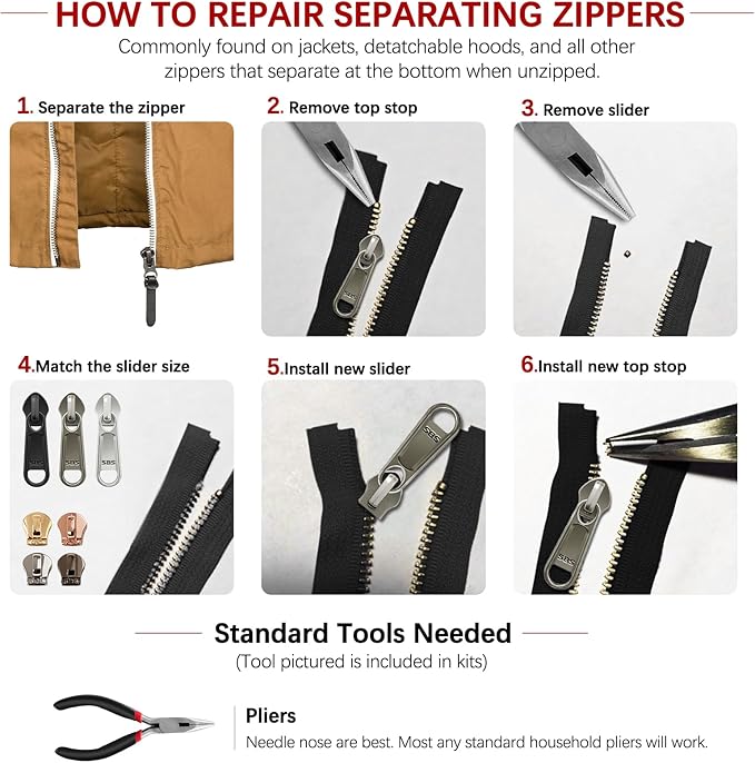 Zipper Repair Kit (188 Pcs) - Universal Fixer for Luggage, Backpacks, Jackets, Coats & Boots Includes #3#5#8#10 Sliders, Zipper Pull Replacement, Stops & Repair Tool（Non-YKK Compatible）