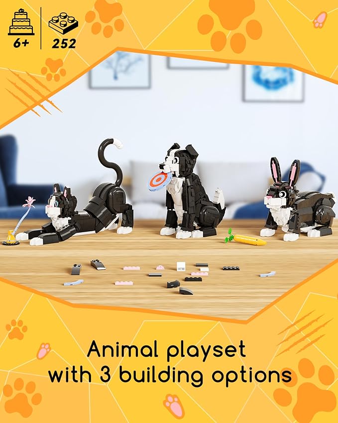 3 in 1 Animal Tuxedo Cat Building Set - Animal Figurines with 3 Building Options into Cat, Dog, or Rabbit - Learning Toy, Birthday Gift for Kids, Girls & Boys Ages 6+