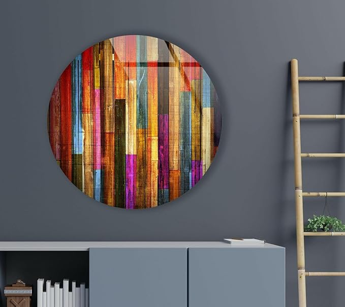 My Photostation.com 15.8''(40cm) Diameter Colorful Wood Pattern Round Glass Wall Art Tempered Glass Printing Wall Decor Large Wall Art Wall Hangings