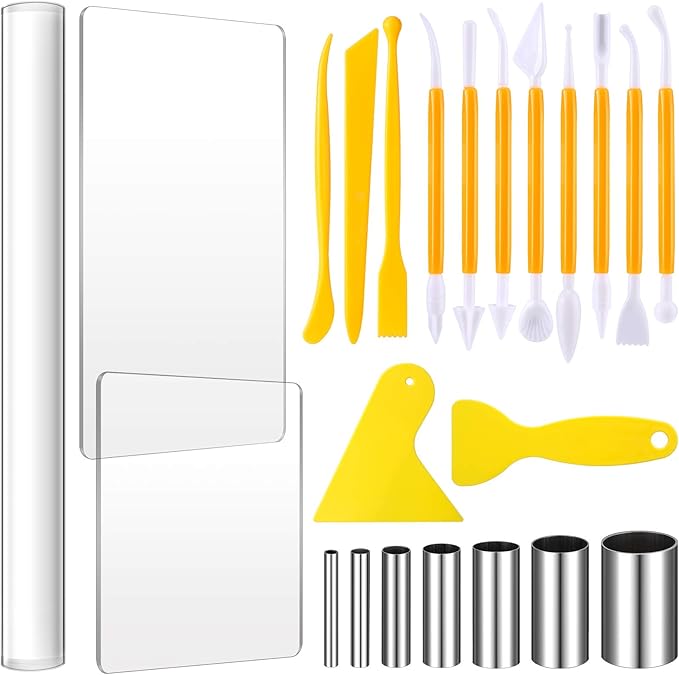 Honoson 24 Pcs Clay Sculpting Tools Kits Polymer Clay Tools DIY Set with Roller, Acrylic Sheet, Scraper Backing Board, Round Circle Shape Cutter, Shaping for Art Craft(Yellow)