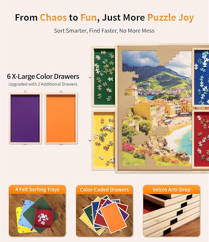 1500 Piece Rotating Puzzle Board Pro, 34" x 25" with 6 Drawers, Rubber Cover Mat, 360° Lasy Susan, Sort-Wise Colorful Felt Drawers & 4 Trays, Wooden Jigsaw Puzzle Table, Birthday Gifts for Mom