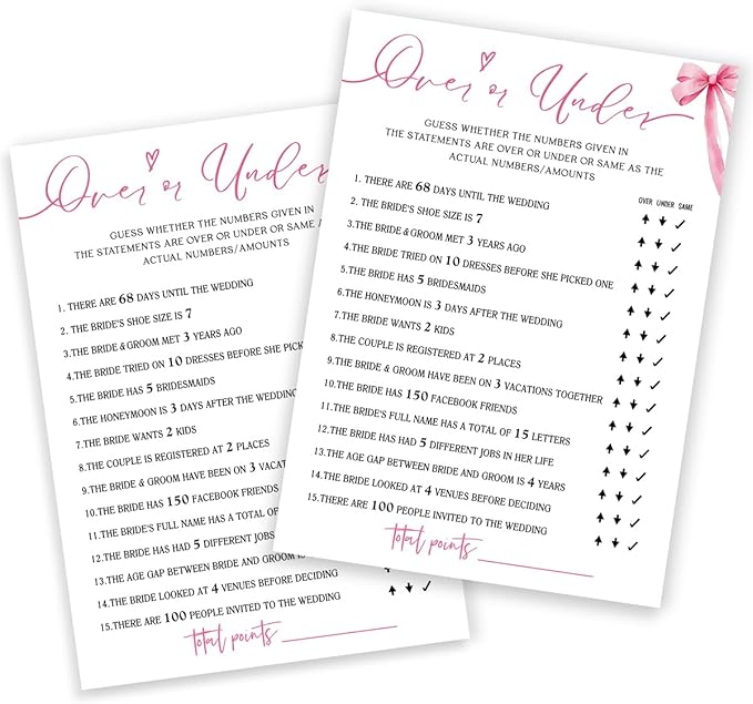 Bridal Shower Games Cards, Guess Over or Under, Bridal Shower Games 25 Guests, Engagement Party Wedding Games for Guests, Pink Ribbon Bow Wedding Party Supplies - E13
