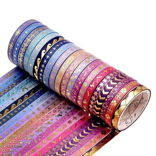 AEBORN Thin Purple Washi Tape - 20 Rolls 5mm Gold Foiled Skinny Washi Tape Set, Pretty Star Washi Tape for Bullet Journal, Scrapbook, Gift Packaging, DIY Crafts
