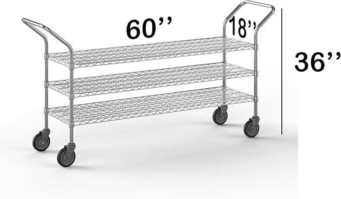 18" W x 60" L x 36" H Chrome Heavy Duty Utility Cart | 3 Tier | NSF Commercial Storage Rack Mobile Unit | Storage and Mobility Solution for Your Business
