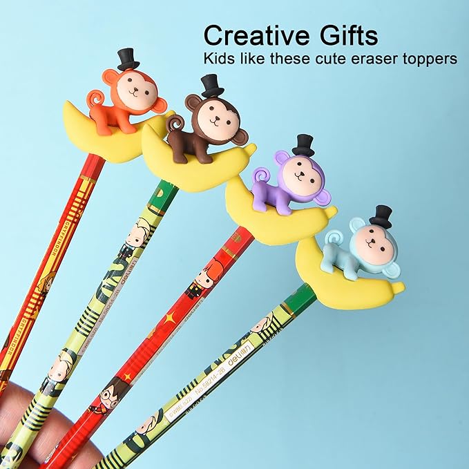 HILAZA 16Pcs Pencil Top Erasers for Kids, 3D Cute Monkey Pencil Toppers, Bulk Fun Pencil Cap Easters for School Classroom Supplies Prize Gifts Party Favors