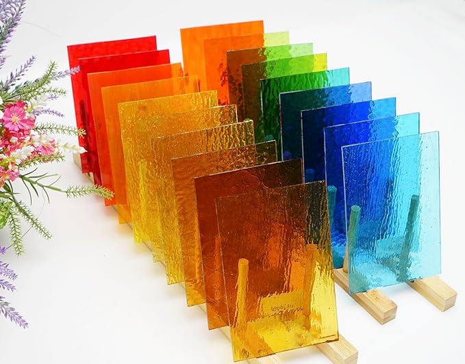 Lanyani 26 Sheets Transparent Stained Glass Sheets Packs for Art Crafts, Textured Bright Color Variety Translucent Cathedral Art Glass Sheets for Mosaic Glass DIY Projects, 4x6 inches