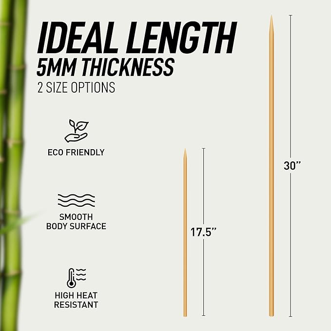 Zulay 100 Pack Bamboo Wooden Skewers - 17.5" Marshmallow Roasting Sticks & Barbeque Skewers For Campfire - Authentic Bamboo Sticks & Smores Sticks For Grilling Hotdogs, Kabobs, BBQ, & More