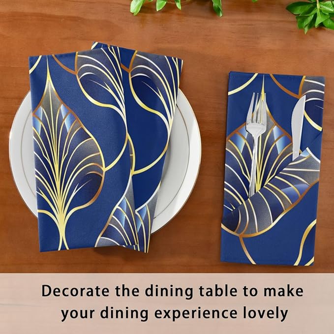 ALAZA Art Deco Floral Royal Blue & Gold Cloth Napkins Set of 6, 20x20 Inch Washable and Reusable Napkin for Decoupage Dinner Party Everyday Use