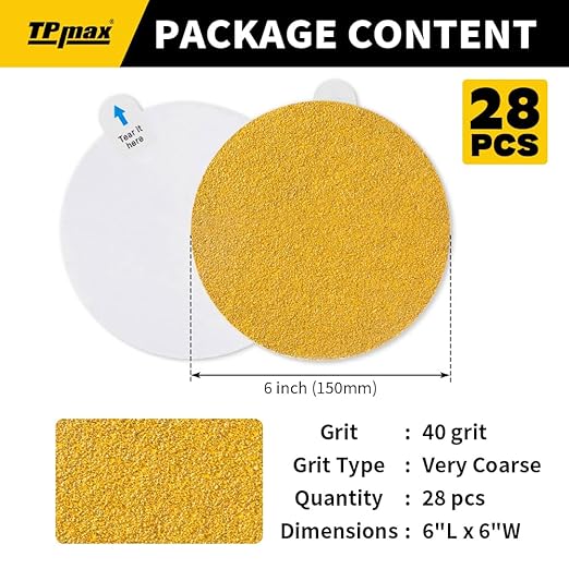 6-Inch 40-Grit Gold PSA Sanding Discs, 28 Pack – Pro-Grade Self-Adhesive Stickyback Sandpaper with Quick-Release Tabs for DA Sander, Coarse Automotive/Wood/Metal Sanding
