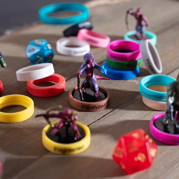 Flexible Condition Rings Status Effect Markers (120 Rings for Standard & Large)- 24 Different Conditions DND Flexible Design- Easy Affix Base Slides Under Figure- Compatible w Pathfinder & RPG Games