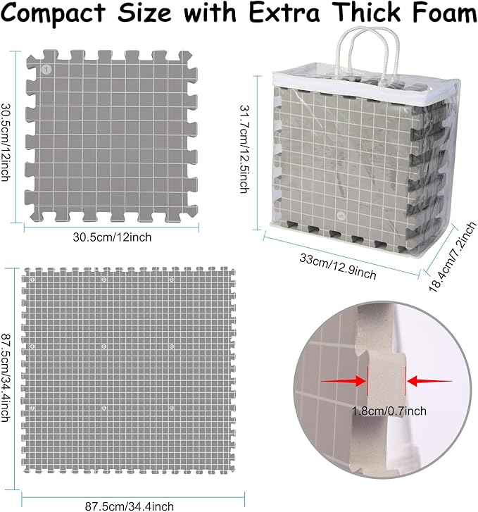 MEVOME Blocking Mats for Knitting with 20pcs Knitting Blockers 200 T-pins 104 Locking Stitch Markers, Extra Thick Block Boards with Grids Storage Bag for Needlepoint Crochet - Pack of 9 (Gray)