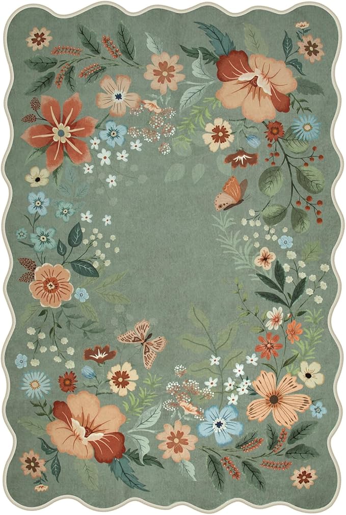 Beeiva Washable Rug 6x9 - Scalloped Floral Printed Soft Non Slip Kids Rugs for Bedroom Ultra-Thin Low Pile Boho Green Area Rug Aesthetic Throw Carpet for Living Room Playroom Dorm Office(Green,6x9ft)