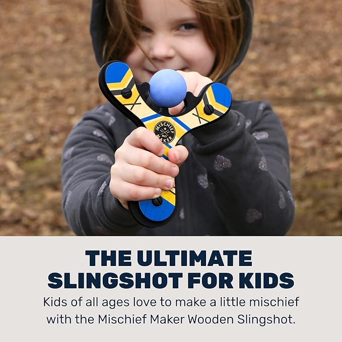 Mighty Fun! - Mischief Maker® Wooden Slingshot - Classic Series - Real Wood Slingshot for Kids, 4 Soft Foam Balls and Storage Bag - Ages 4+ (Blue)