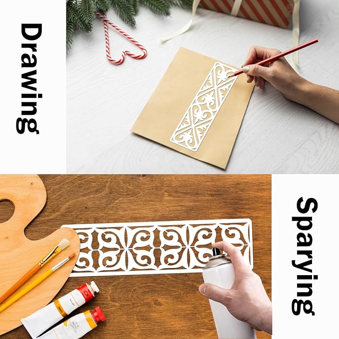 12 Pieces Border Stencils for Painting, Leaf Stencil Template Reusable Furniture Cake Decorative Stencils for Wood DIY Craft Canvas Fabric (12 Border Floral)
