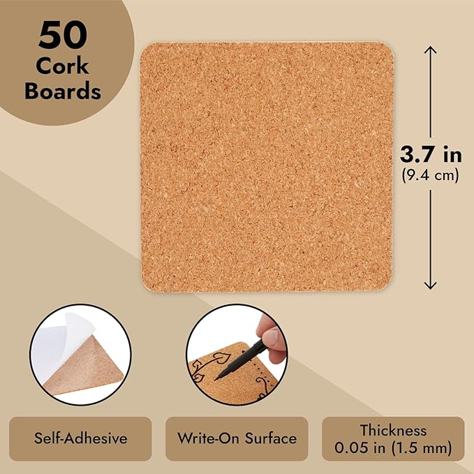 Juvale Square Cork Tiles - 50 Pack, 3.7 x 3.7 in, 1.5 mm Thick, Brown - Adhesive Cork Backing for Coasters & DIY Projects - Craft Supplies for Adults