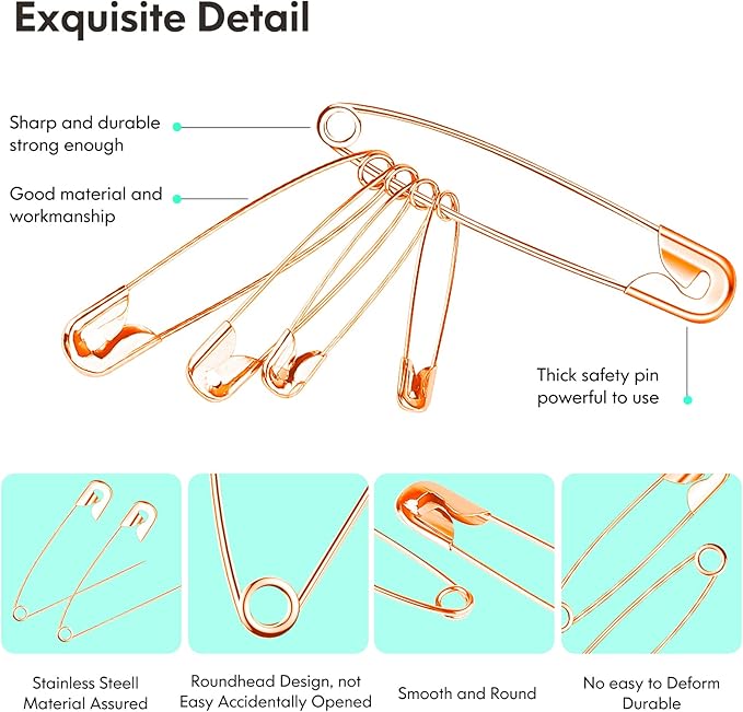 340 Pack Safety Pins Assorted, 5 Different Sizes Small and Large Safety Pins for Clothes Costume, Nickel Plated Steel Bulk, Sewing Crafts Art Supplies, Rose Gold