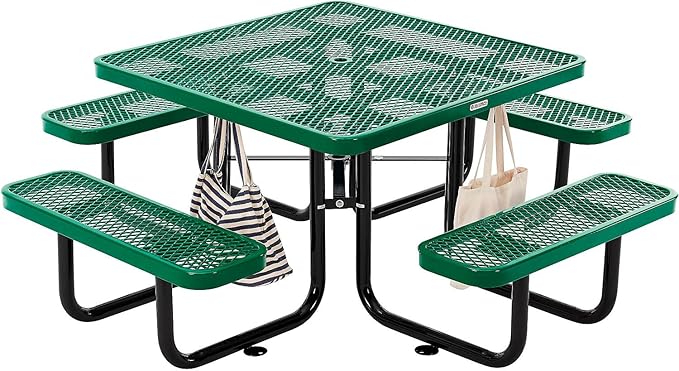 Global Industrial 46" Square Picnic Table, Expanded Metal, Green Thermoplastic Coating, Attached Benches, 1-1/2” Umbrella Pole Hole, Outdoor-Rated, 1000 lb Capacity