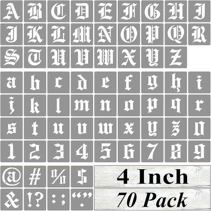 4 Inch Alphabet Letter Stencils for Painting - 70 Pack Old English Letter Stencil Templates with Numbers and Signs for Painting on Wood, Reusable Letters Stencils for Chalkboard Wood Signs & Wall Art