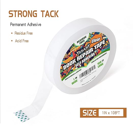 Clear Book Repair Tape - Self Adhesive Stretchable Book Tape, Essential Clear Repair Tape for Reinforcing Protecting, and Covering Mending Books Old Books - 1 Inch Wide x 108 FT Long