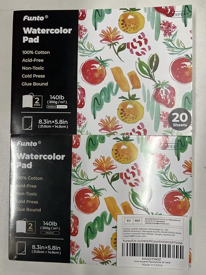 Funto Watercolor Pads, 2 Packs, 100% Cotton, 20 Sheets Each, 8.3x5.8, 140lb/300gsm, Glue Bound, Easy Tear Heavyweight Art Paper for Painting