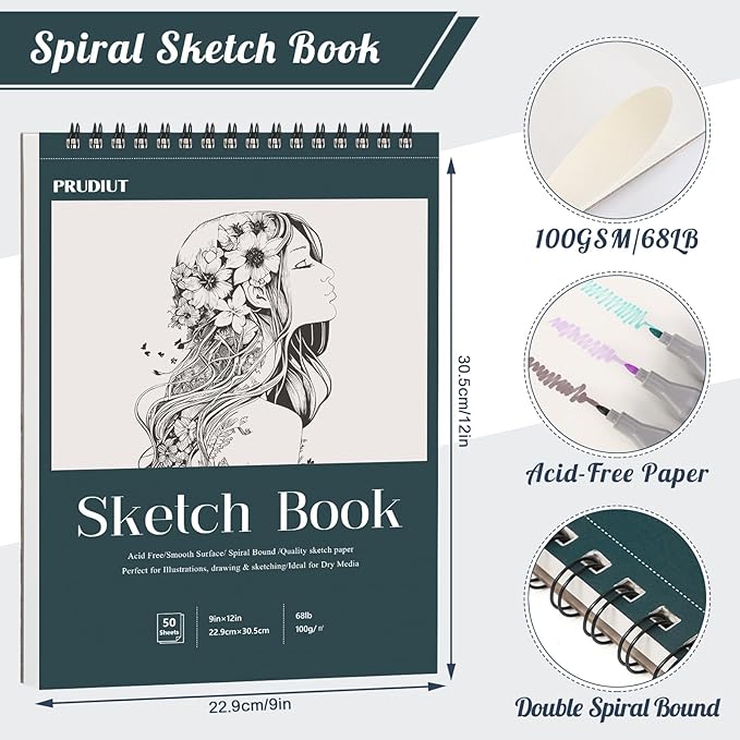 Sketch Book 9×12 inch, Spiral Bound Sketch Pad 50 Sheets (68lb/100gsm), Acid-Free Sketchbook for Drawing Painting Sketching, Art Paper Drawing Supplies for Teens Adults Artists Gifts