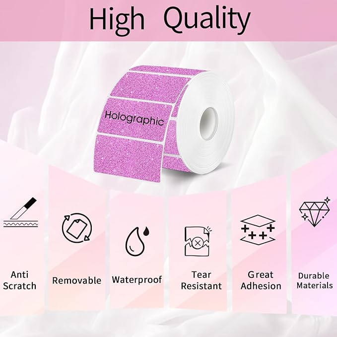 Square Thermal Labels Stickers 2" x 2", Holographic Thermal Stickers Labels, Waterproof Glitter Direct Thermal Printer Label for Small Business- Holographic Pink