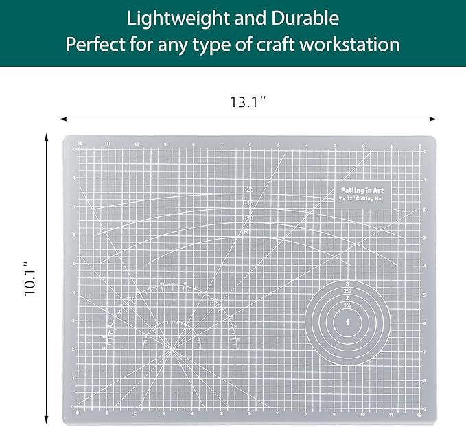 Falling in Art Self Healing Cutting Mat, 9x12" Cutting Mats for Sewing, Double-sided 5-Ply Fabric Cutting Board for Crafting, Quilting and Sewing Projects, White