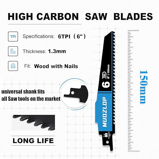 1 Pack 6 inch Reciprocating Saw Blades Set，6 TPI High Carbon Saw Blades for Wood with Nails ，Saw Blades with Organizer Case (1, 6T/6inch)