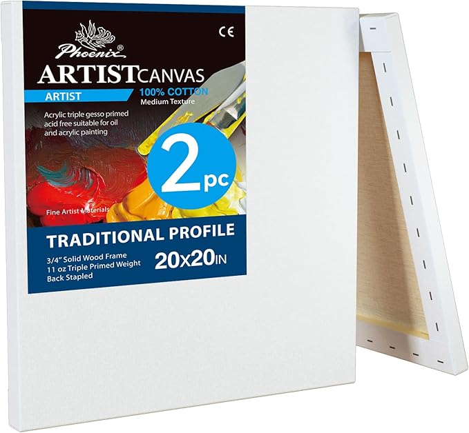 PHOENIX 20x20 Inch 2 Pack Artist Canvas - Large Square Stretched Canvases for Painting - 3/4 Inch Profile, 100% Cotton 11 Oz. Gesso Primed White Blank Professional Canvas Oil & Acrylic Paints