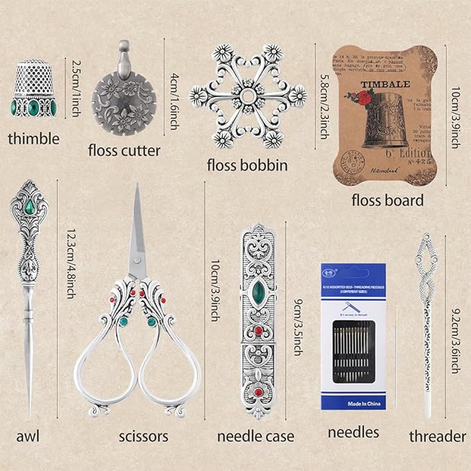 NOTIONSLAND Vintage Embroidery Scissors Kit, Stainless Steel Sewing Tools, Scissors, Sewing Awl, Needle Case, Thimble, Winding Board for Sewing, Knitting, Cross Stitch, Quilting, Silver